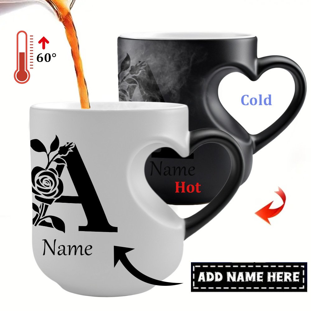 One Custom 11Oz Mug Featuring a Personalized Name And Floral Letter Design That Changes Color with Hot Water: