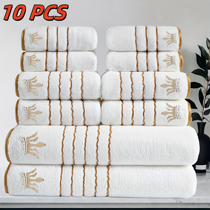 10pcs Luxury Bath Towel Set with Golden Crown & Stripe Design - Extra Large 70x140cm/27.5x55in, Large 42x70cm/16.5x27.5in, Small 35x35cm/13.7in - Plush Microfiber Spa Towels in Elegant Dark Brown & Golden for Bathroom, Gym, Hotel, Spa - Ideal Gift Set with Black & Golden Trim, Ultra-Soft & Durable, Perfect for Home or Travel, Includes Bath, Hand, and Face Towels, Towels Bath Towels, Bathroom Towels - Image 9