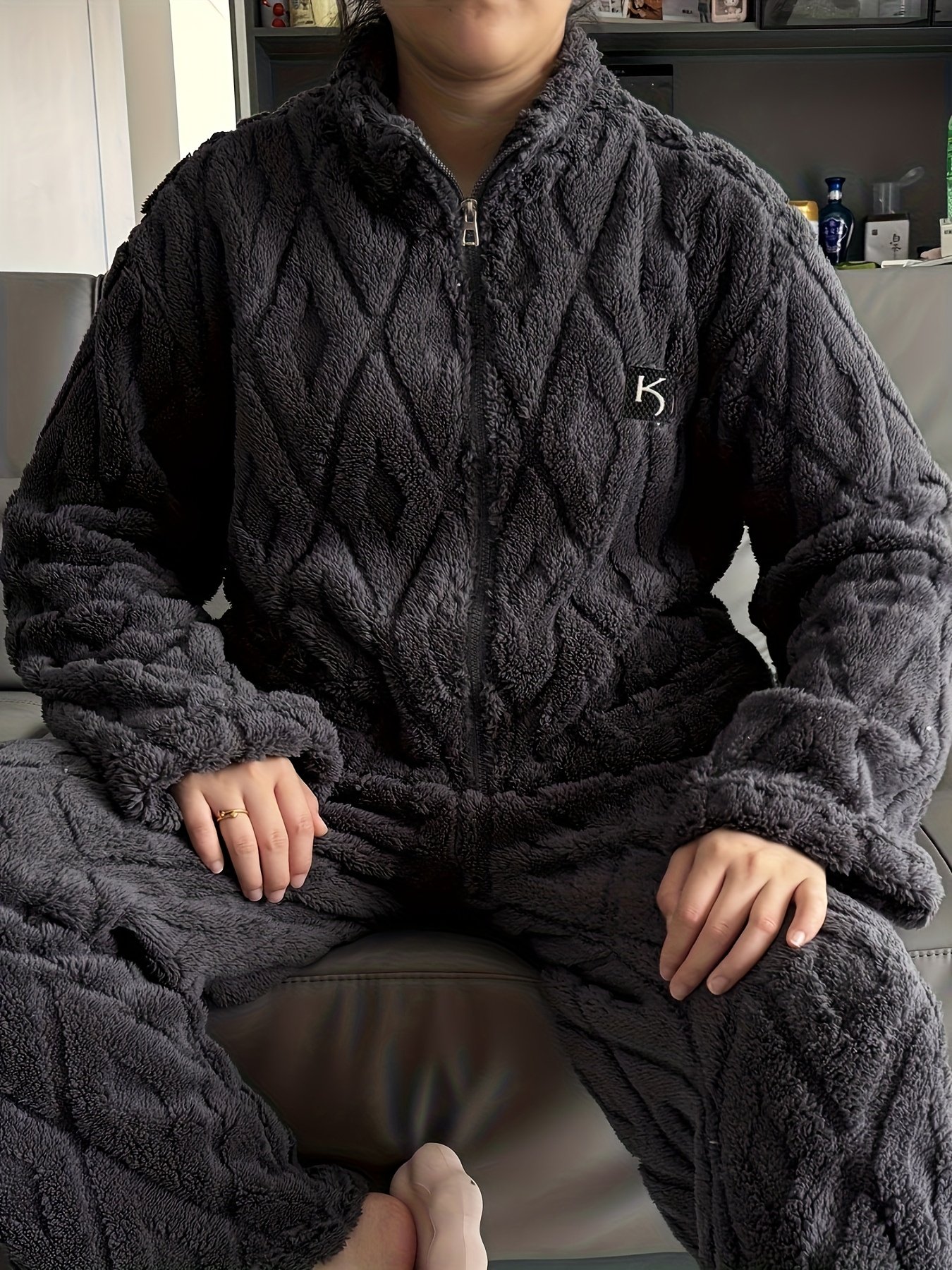 Men's Plush Zip-Up Set with Pockets, Warm and Comfortable Loungewear, New Autumn/Winter Collection, Light Beige-Friendly and Quick-Drying, Perfect for Fall and Winter Seasons - Image 2