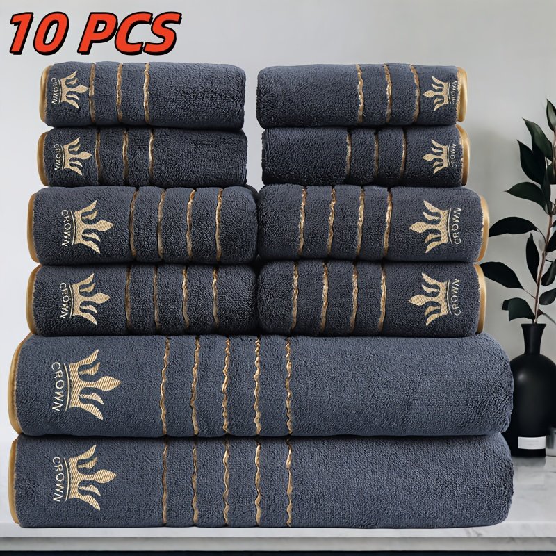 10pcs Luxury Bath Towel Set with Golden Crown & Stripe Design - Extra Large 70x140cm/27.5x55in, Large 42x70cm/16.5x27.5in, Small 35x35cm/13.7in - Plush Microfiber Spa Towels in Elegant Dark Brown & Golden for Bathroom, Gym, Hotel, Spa - Ideal Gift Set with Black & Golden Trim, Ultra-Soft & Durable, Perfect for Home or Travel, Includes Bath, Hand, and Face Towels, Towels Bath Towels, Bathroom Towels - Image 5