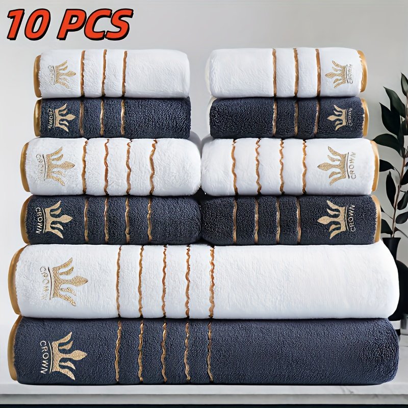 10pcs Luxury Bath Towel Set with Golden Crown & Stripe Design - Extra Large 70x140cm/27.5x55in, Large 42x70cm/16.5x27.5in, Small 35x35cm/13.7in - Plush Microfiber Spa Towels in Elegant Dark Brown & Golden for Bathroom, Gym, Hotel, Spa - Ideal Gift Set with Black & Golden Trim, Ultra-Soft & Durable, Perfect for Home or Travel, Includes Bath, Hand, and Face Towels, Towels Bath Towels, Bathroom Towels - Image 11