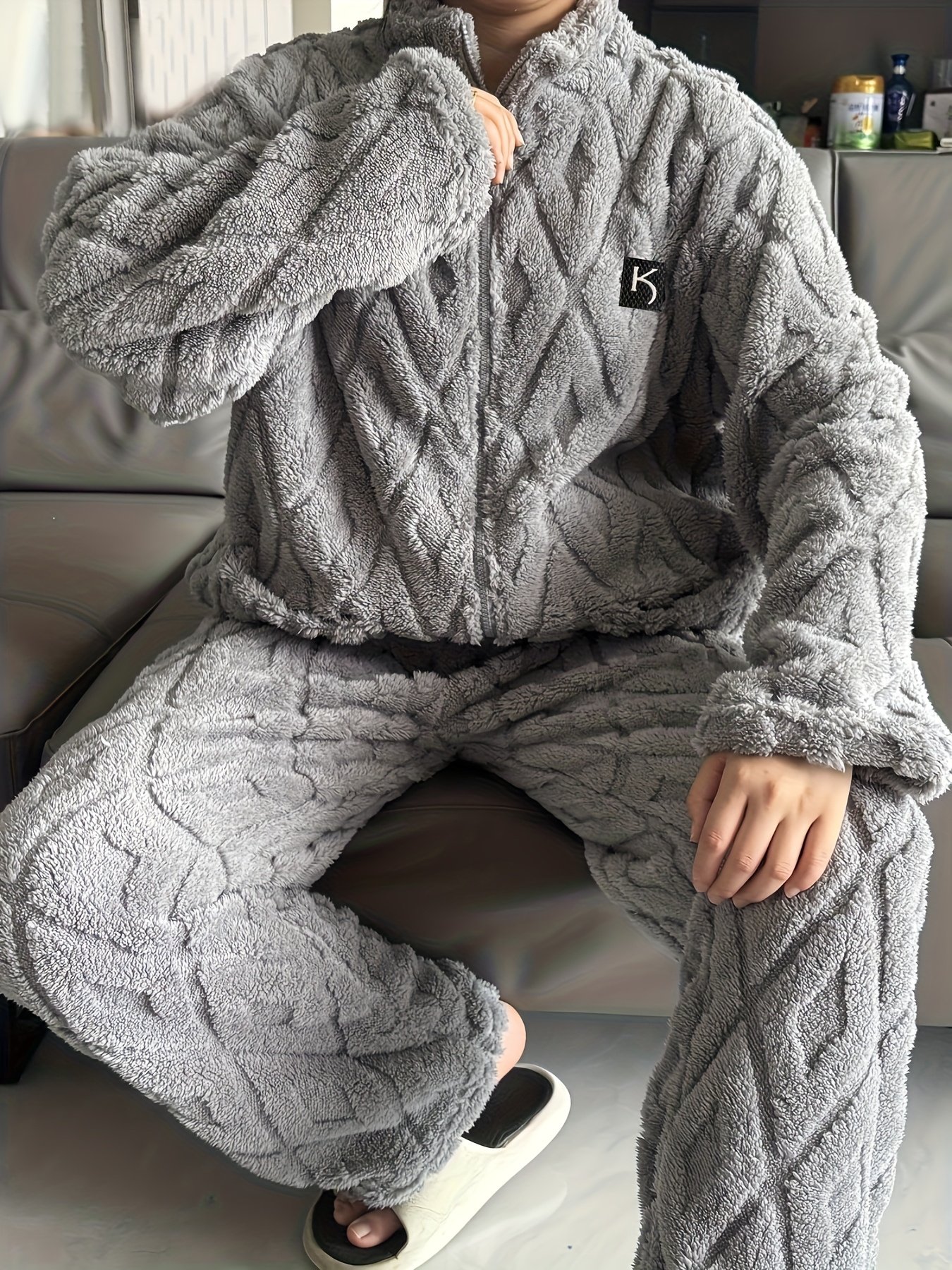 Men's Plush Zip-Up Set with Pockets, Warm and Comfortable Loungewear, New Autumn/Winter Collection, Light Beige-Friendly and Quick-Drying, Perfect for Fall and Winter Seasons - Image 5