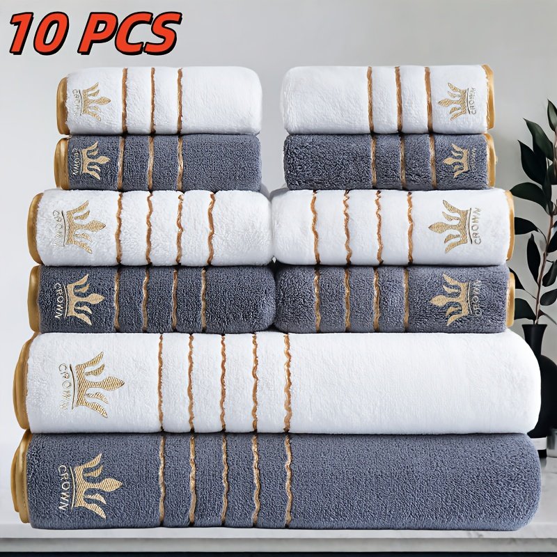 10pcs Luxury Bath Towel Set with Golden Crown & Stripe Design - Extra Large 70x140cm/27.5x55in, Large 42x70cm/16.5x27.5in, Small 35x35cm/13.7in - Plush Microfiber Spa Towels in Elegant Dark Brown & Golden for Bathroom, Gym, Hotel, Spa - Ideal Gift Set with Black & Golden Trim, Ultra-Soft & Durable, Perfect for Home or Travel, Includes Bath, Hand, and Face Towels, Towels Bath Towels, Bathroom Towels - Image 2