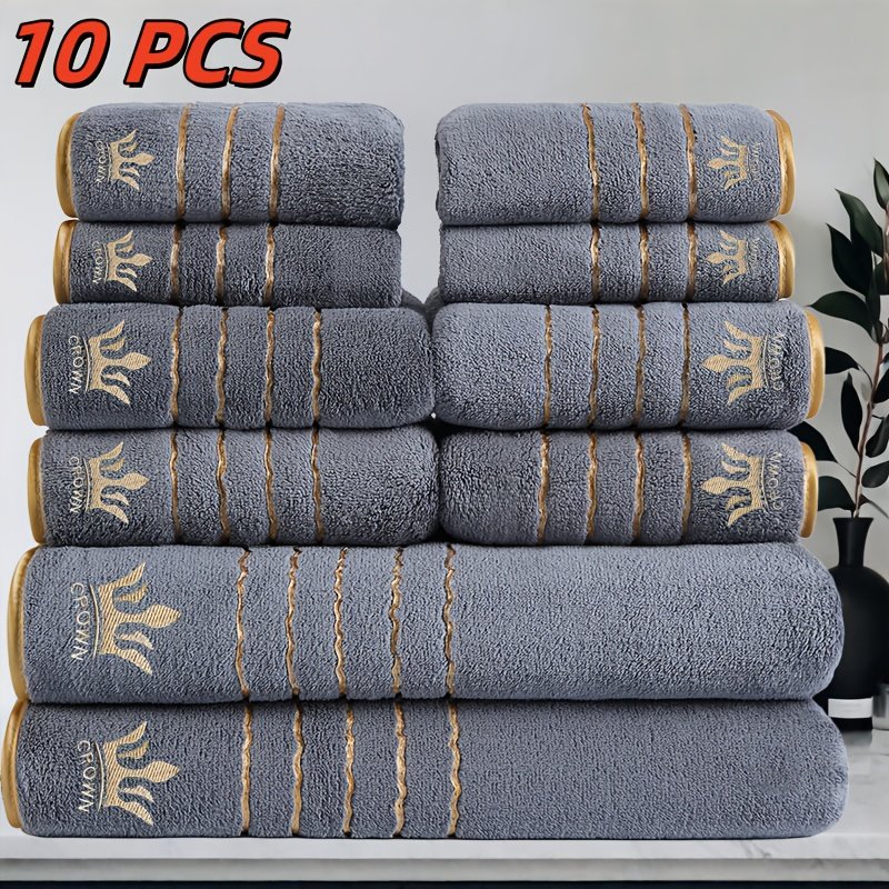 10pcs Luxury Bath Towel Set with Golden Crown & Stripe Design - Extra Large 70x140cm/27.5x55in, Large 42x70cm/16.5x27.5in, Small 35x35cm/13.7in - Plush Microfiber Spa Towels in Elegant Dark Brown & Golden for Bathroom, Gym, Hotel, Spa - Ideal Gift Set with Black & Golden Trim, Ultra-Soft & Durable, Perfect for Home or Travel, Includes Bath, Hand, and Face Towels, Towels Bath Towels, Bathroom Towels - Image 7