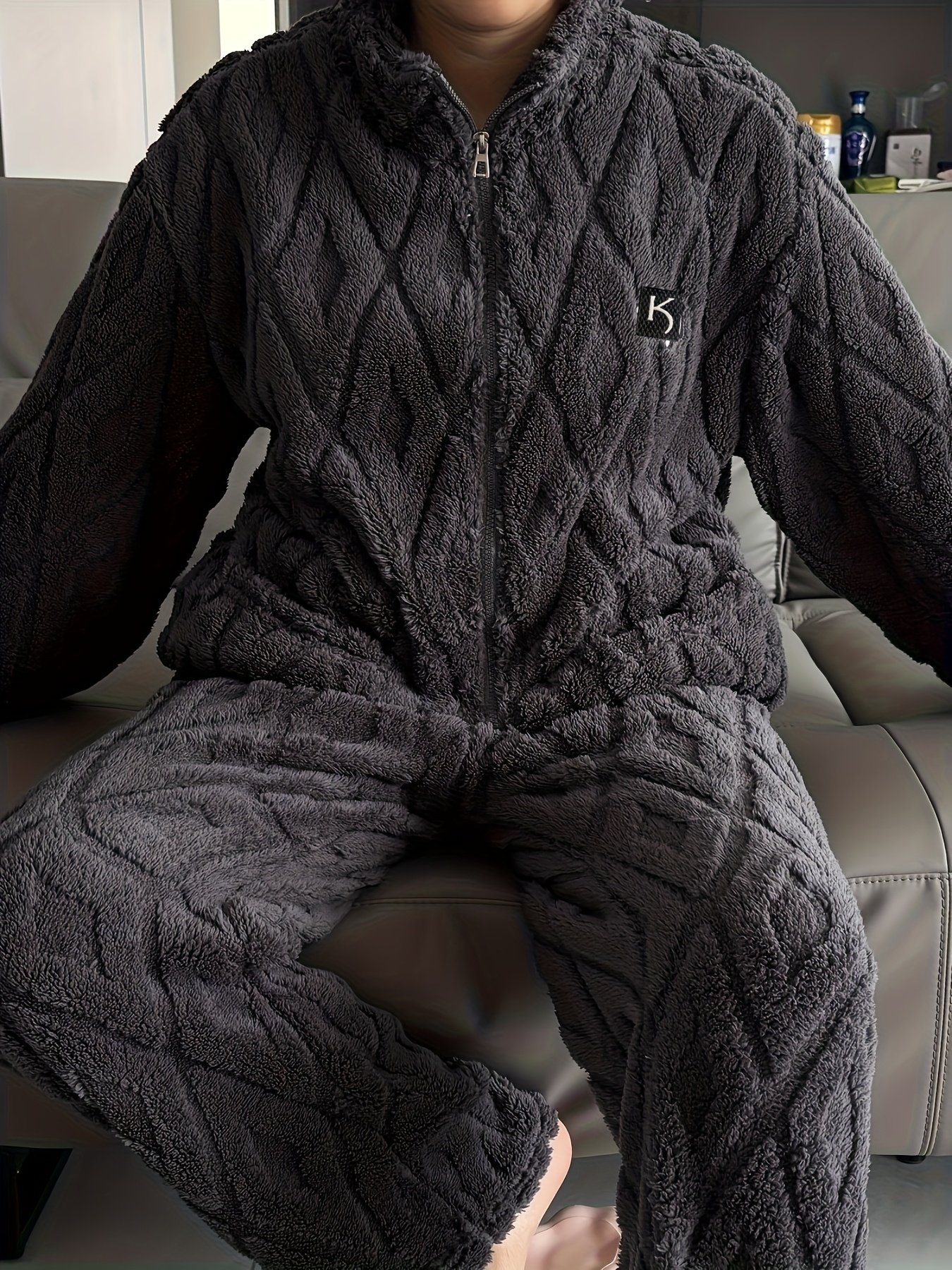 Men's Plush Zip-Up Set with Pockets, Warm and Comfortable Loungewear, New Autumn/Winter Collection, Light Beige-Friendly and Quick-Drying, Perfect for Fall and Winter Seasons - Image 4