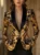 Plus Size, Green Fruit Collar Single-Breasted Plant Print Black and Golden Contrast Long Sleeve Blazer