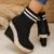 Women’S Slip-On Chunky Heel Ankle Boots – Round Toe & Wedge Design, Black Fabric Upper with White Striped Detailing, Elastic Rubber Sole for Winter Fashion & Casual Outfits, Winter Footwear, Trendy Boot Design