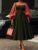 Women’S Elegant Olive Green & Burgundy Color Block Dress – A-Line Silhouette with Puffed Sleeves, Round Neck, Zipper Back Closure, All-season Versatile For Casual & Formal Occasions, Formal Attire, Sophisticated Style, Quality Stitching