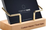 Personalized Business Card Holder – Custom Engraved Name & Company, Elegant Desk Organizer with Golden brackets, Recycled Wood Construction – Office, Wedding, Anniversary, Birthday Gift for Professionals, Corporate Presentations – Custom Text Personalization, Business Card Holder for Desk, Dark Finish Base